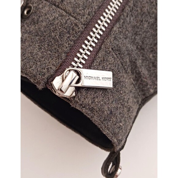 Michael Kors Gray Wool Platform Wedge Bootie Lace Up Blk Stacked Wood Heel Sz 8 - Picture 5 of 13